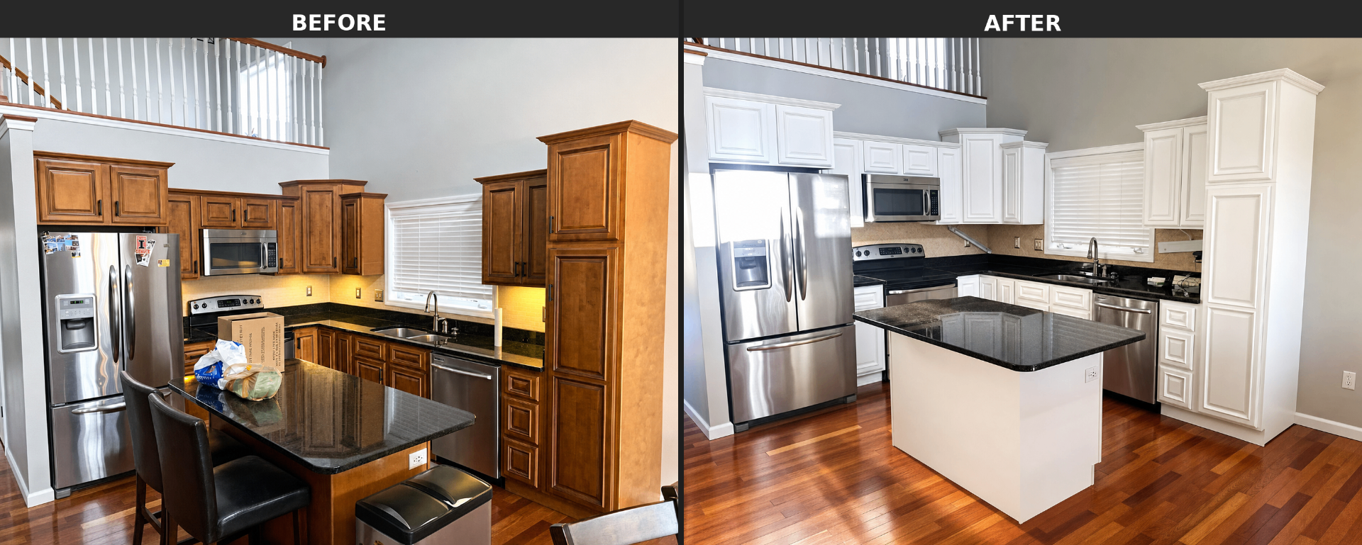 Before and after cabinet refinishing transformation
